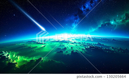 Electric blue nebula glowing in deep space, with bright plasma bursts and dark cosmic clouds creating a dramatic and luminous astronomical scene., abstract space 130205664