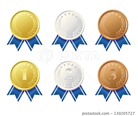 Set of gold, silver and bronze medals with blue ribbons. Vector illustration on white background. 130205727