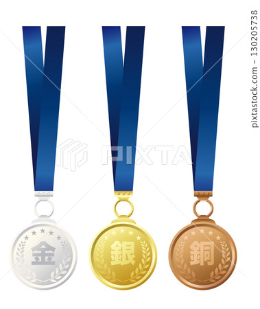Gold, silver and bronze medal illustration set Gold, silver and bronze medal illustration set 130205738