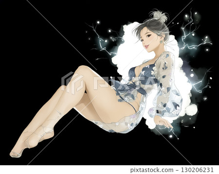Illustration of a lightning fairy wearing lightning, floating, full body 130206231