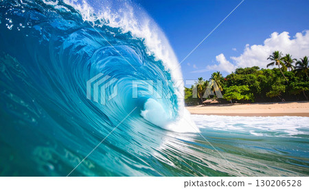 Giant turquoise wave curling into a perfect barrel under golden sunlight, reflecting shimmering light on the ocean surface with a tropical beach and palm trees in the background. 130206528