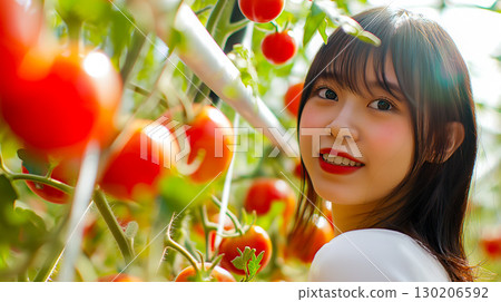 一位女士在櫻桃番茄農場體驗農活 一位女士在櫻桃番茄農場體驗農活 130206592