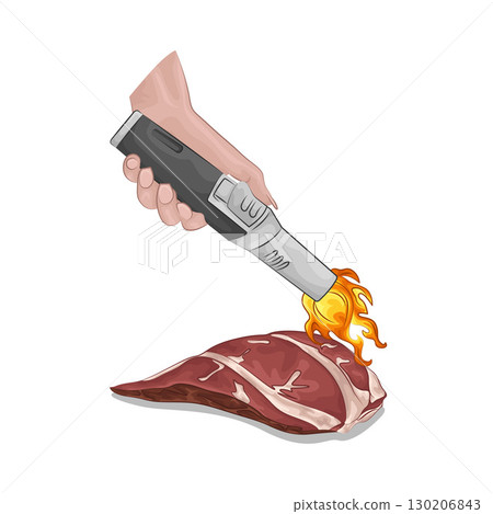 Illustration of Grilling meat with a handheld gas lighter 130206843