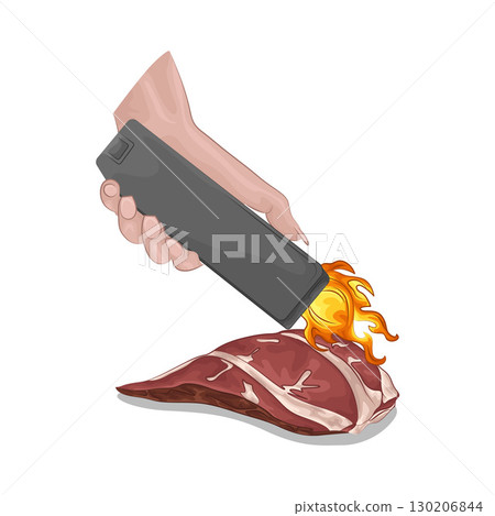 Illustration of Grilling meat with a handheld gas lighter Illustration of Grilling meat with a handheld gas lighter 130206844