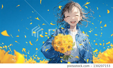在明亮的天空下，微笑的女孩手裡拿著向日葵 130207153
