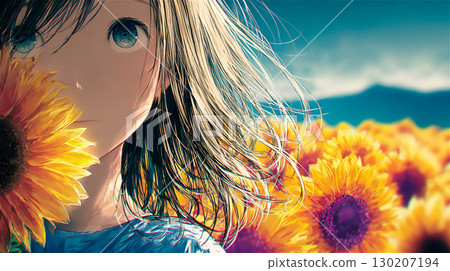 向日葵田裡的女孩的肖像 130207194