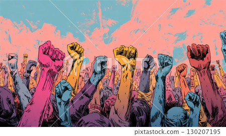 A group of colorful fists symbolizing unity among diverse people 130207195