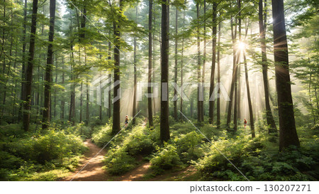 陽光透過樹梢,映照在一片新綠的森林裡 | 放鬆而寧靜的森林浴 陽光透過樹梢,映照在一片新綠的森林裡 | 放鬆而寧靜的森林浴 130207271