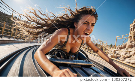 尖叫的女人,頭髮在風中飄揚 | 過山車的刺激和速度 尖叫的女人,頭髮在風中飄揚 | 過山車的刺激和速度 130207272
