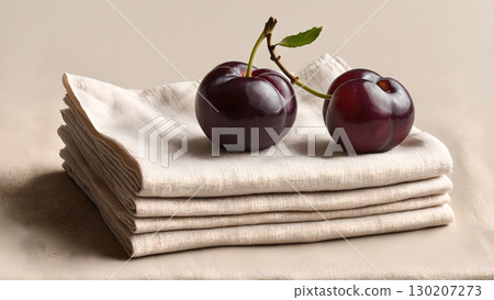 新鮮的西梅干擺放在白色亞麻布上 | 寧靜而美麗的餐桌佈置 130207273