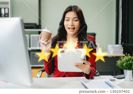 Customer or client the stars to complete five stars. with copy space. giving a five star rating. Service rating Customer or client the stars to complete five stars. with copy space. giving a five star rating. Service rating 130207402