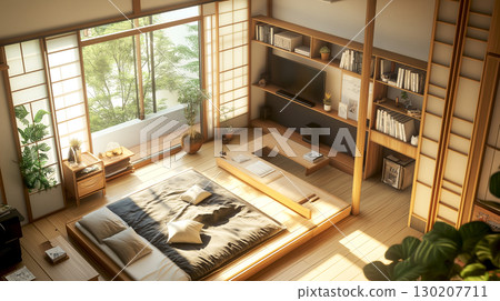Isometric apartment hotel or house interior with queen bed, big windows and balcony, tv, small living space Japanese style 130207711