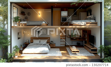 Small living space cross section of interior space. Stylish hotel or 2 story house bedroom, living area with garden view japanese style 130207714