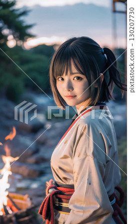 A young female samurai takes off her armor and rests on a battlefield in the Sengoku period at dusk 130207730