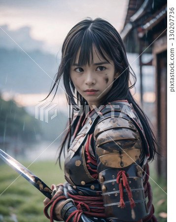 A young female samurai in armor fighting on a rainy Sengoku period battlefield 130207736