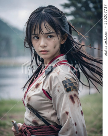 A young female samurai in armor fighting on a rainy Sengoku period battlefield 130207737