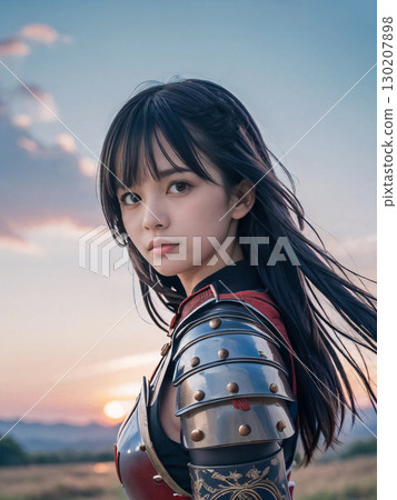 A young female samurai in armor ready for battle on the battlefield of the Sengoku period at dusk 130207898
