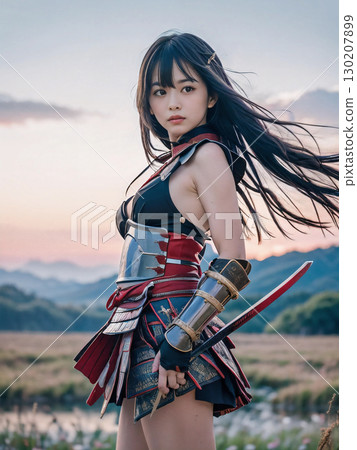 A young female samurai in armor ready for battle on the battlefield of the Sengoku period at dusk 130207899