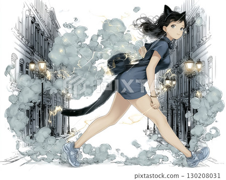 貓妖精帶著電在鎮上行走的插畫素材 130208031