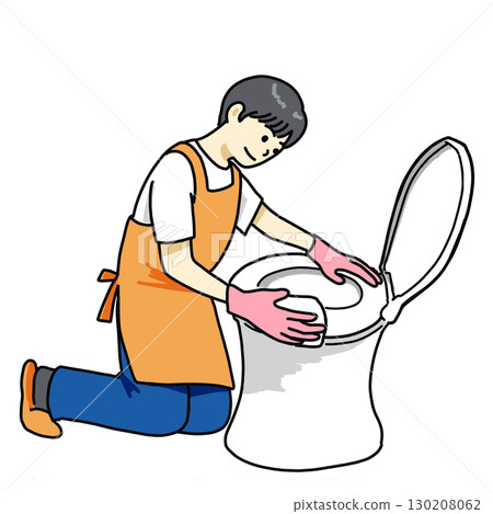 一名工人正在擦拭西式馬桶座圈 一名工人正在擦拭西式馬桶座圈 130208062