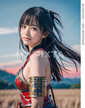A sad-faced young female samurai in armor on the battlefield of the Sengoku period at dusk 130208136