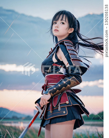 A sad-faced young female samurai in armor on the battlefield of the Sengoku period at dusk A sad-faced young female samurai in armor on the battlefield of the Sengoku period at dusk 130208138