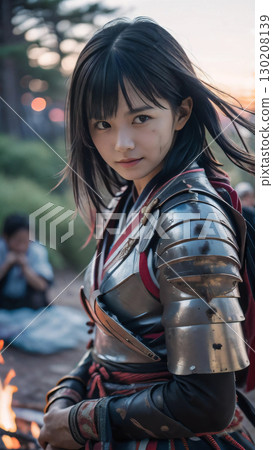 A young female samurai resting on a battlefield during the Sengoku period at dusk A young female samurai resting on a battlefield during the Sengoku period at dusk 130208139