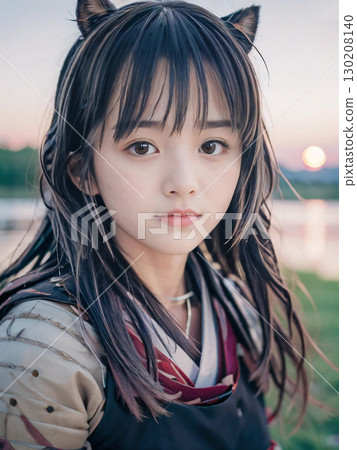 A sad-faced young female samurai in armor on the battlefield of the Sengoku period at dusk 130208140