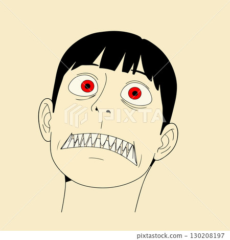 Creepy Cartoon Face with Sharp Teeth and Red Eyes 130208197