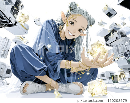 Kunofairy微晶片仙女插圖素材盤腿微笑 130208279