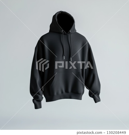 Black hoodie mockup floating on gray background. 130208449
