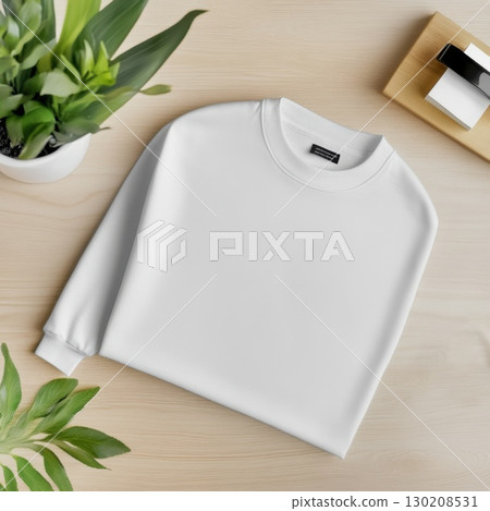Blank white t-shirt mockup on wooden table, top view. 130208531