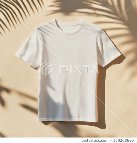 White t-shirt mockup on pastel beige background with palm shadows. Flat lay, top view. 130208650