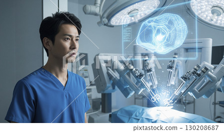 一名醫生觀看機械手臂被遠端控制進行手術。 130208687