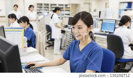 一名女護士在電腦上填寫病歷 130208712