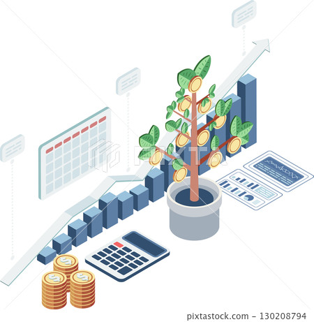 Isometric Money Tree Growth with Long Term Investment Chart 130208794