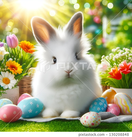 Fluffy white rabbit sits on vibrant green grass, surrounded by colorful Easter eggs 130208848