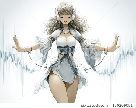 Illustration of a radio fairy listening to music on the radio, front view, white background 130209091
