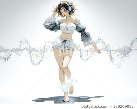 收音機仙女在收音機上聽音樂的插圖,全身,白色背景 收音機仙女在收音機上聽音樂的插圖,全身,白色背景 130209092