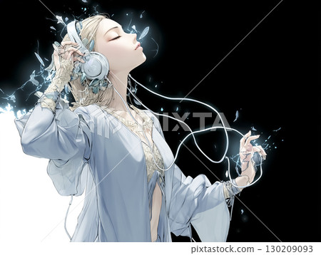 收音機仙女在收音機上聽音樂的插圖,上半身,黑色背景 收音機仙女在收音機上聽音樂的插圖,上半身,黑色背景 130209093