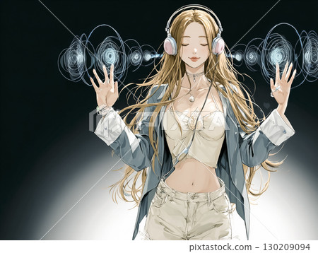 Illustration of a radio fairy listening to music on the radio, upper body, black background 130209094