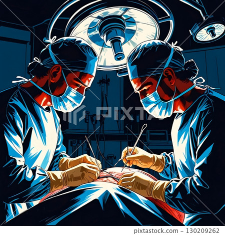 Illustration of two surgeons operating on a patient. Illustration of two surgeons operating on a patient. 130209262
