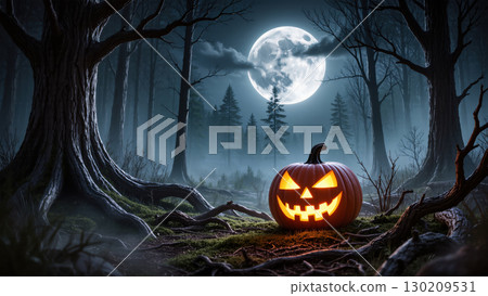 Glowing jack-o'-lantern in dark forest under full moonlight with twisted tree roots and misty eerie Halloween atmosphere Glowing jack-o'-lantern in dark forest under full moonlight with twisted tree roots and misty eerie Halloween atmosphere 130209531