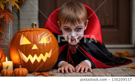 Smiling boy in vampire costume with fangs lying next to glowing jack-o'-lantern and candles during Halloween celebration 130209537