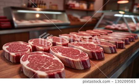 Raw ribeye beef steaks with marbling arranged in rows on wooden counter in butcher shop. High-quality fresh meat. Raw ribeye beef steaks with marbling arranged in rows on wooden counter in butcher shop. High-quality fresh meat. 130209565