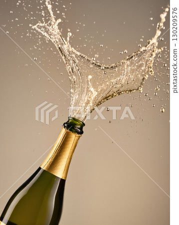 Champagne bottle with golden foil popping open and spraying sparkling wine splash in mid-air. Celebration and festive drink concept. 130209576