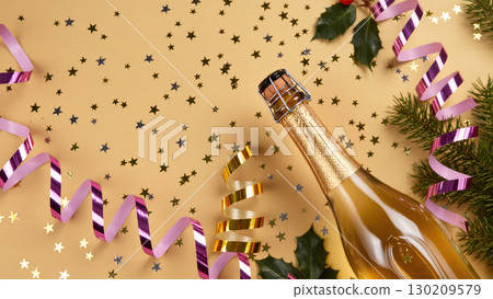 Champagne bottle with festive ribbons, fir branches, and star confetti on a gold background in a celebratory Christmas composition 130209579