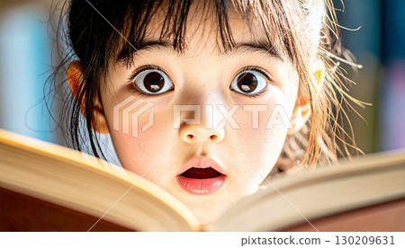 Close-up of a girl with big eyes gazing at a book and looking surprised Close-up of a girl with big eyes gazing at a book and looking surprised 130209631