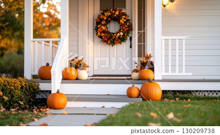 Halloween decorated entrance, pumpkins and wreaths Halloween decorated entrance, pumpkins and wreaths 130209738