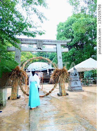 Passing through a straw circle on a rainy day, the green trees, the torii gate and the large straw circle, the figure of a shrine maiden wearing a light blue hakama and holding an umbrella, the local shrine 130209766